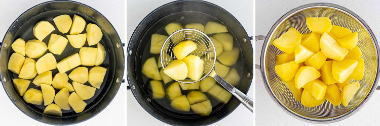 process shots showing how to make irish potato cakes (potato farls).