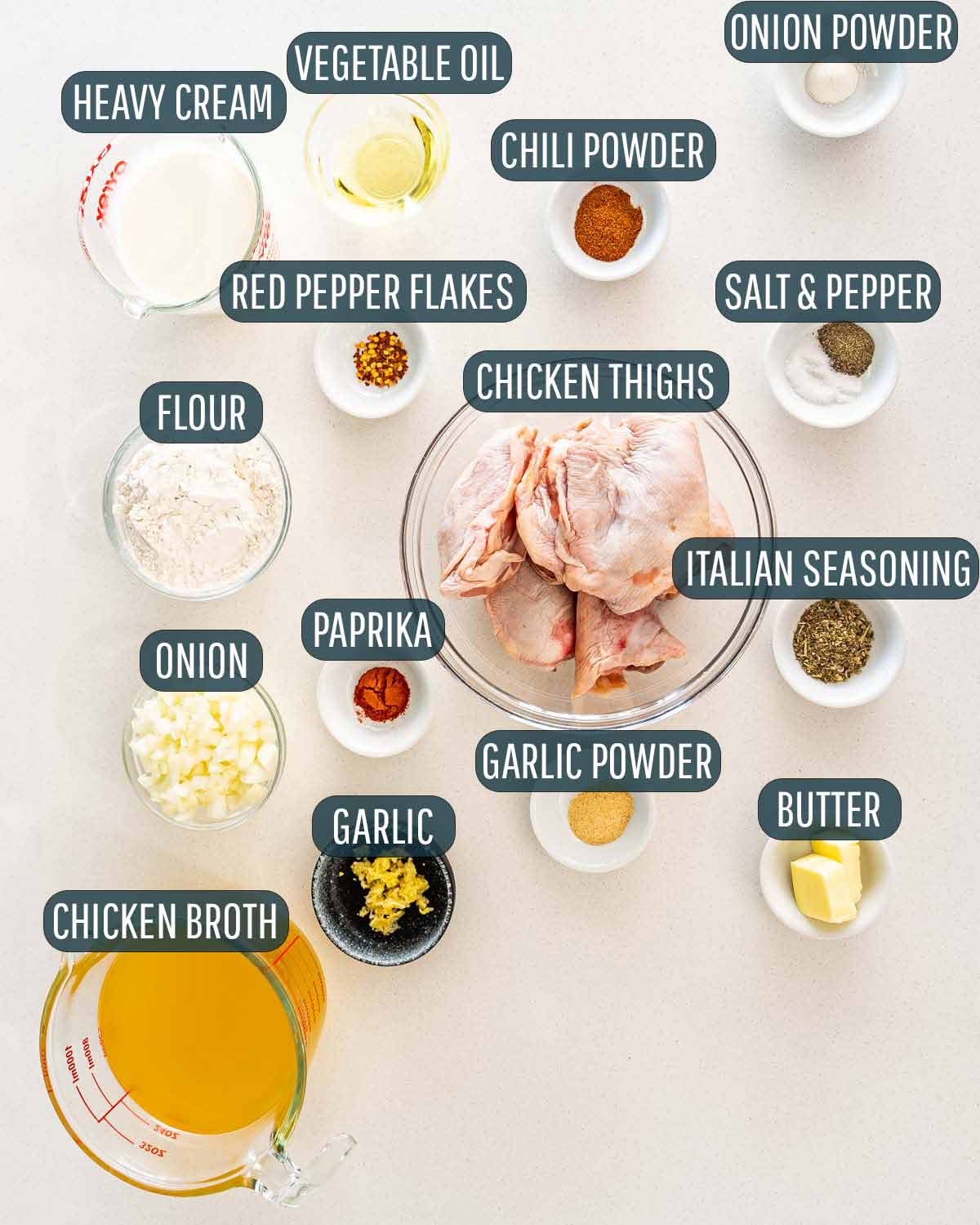 overhead shot of the ingredients needed to make smothered chicken.