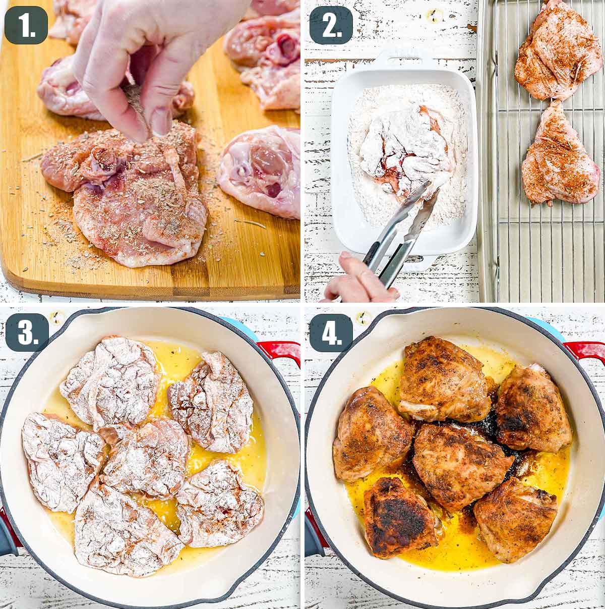 process shots showing how to cook chicken thighs for smothered chicken.