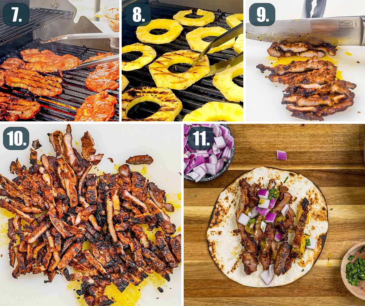 process shots showing how to grill meat and pineapple and how to assemble tacos al pastor.
