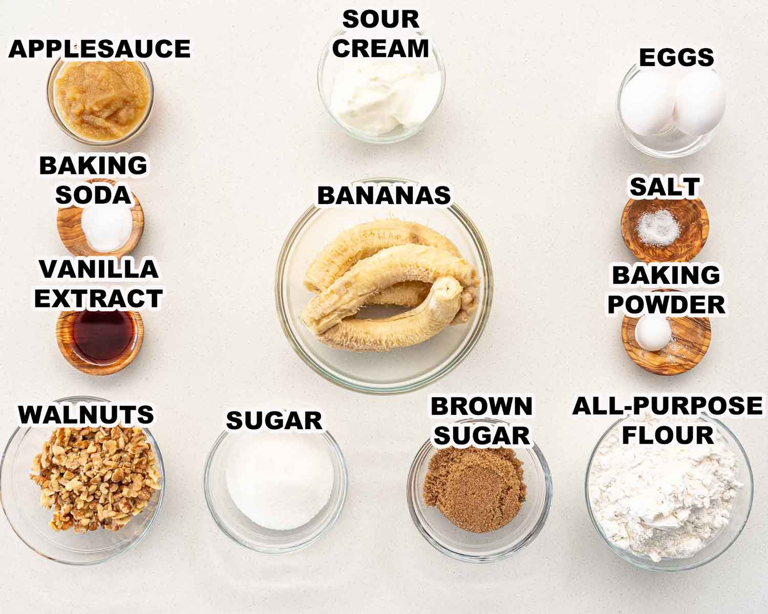 ingredients needed to make banana nut bread.