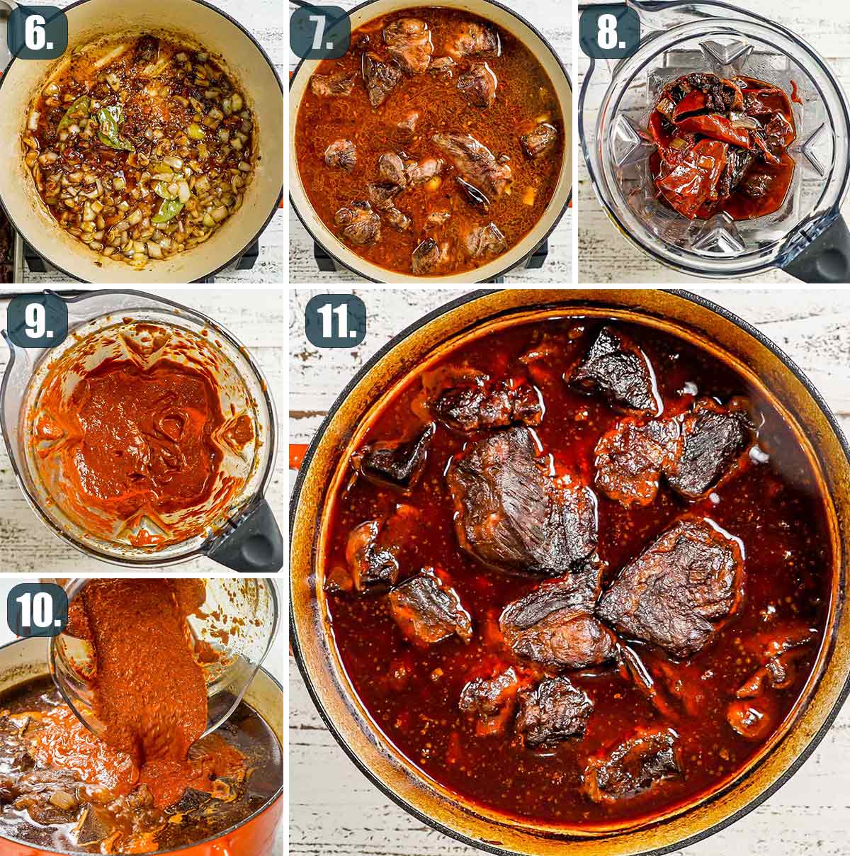 process shots showing how to cook the meat for birria tacos.