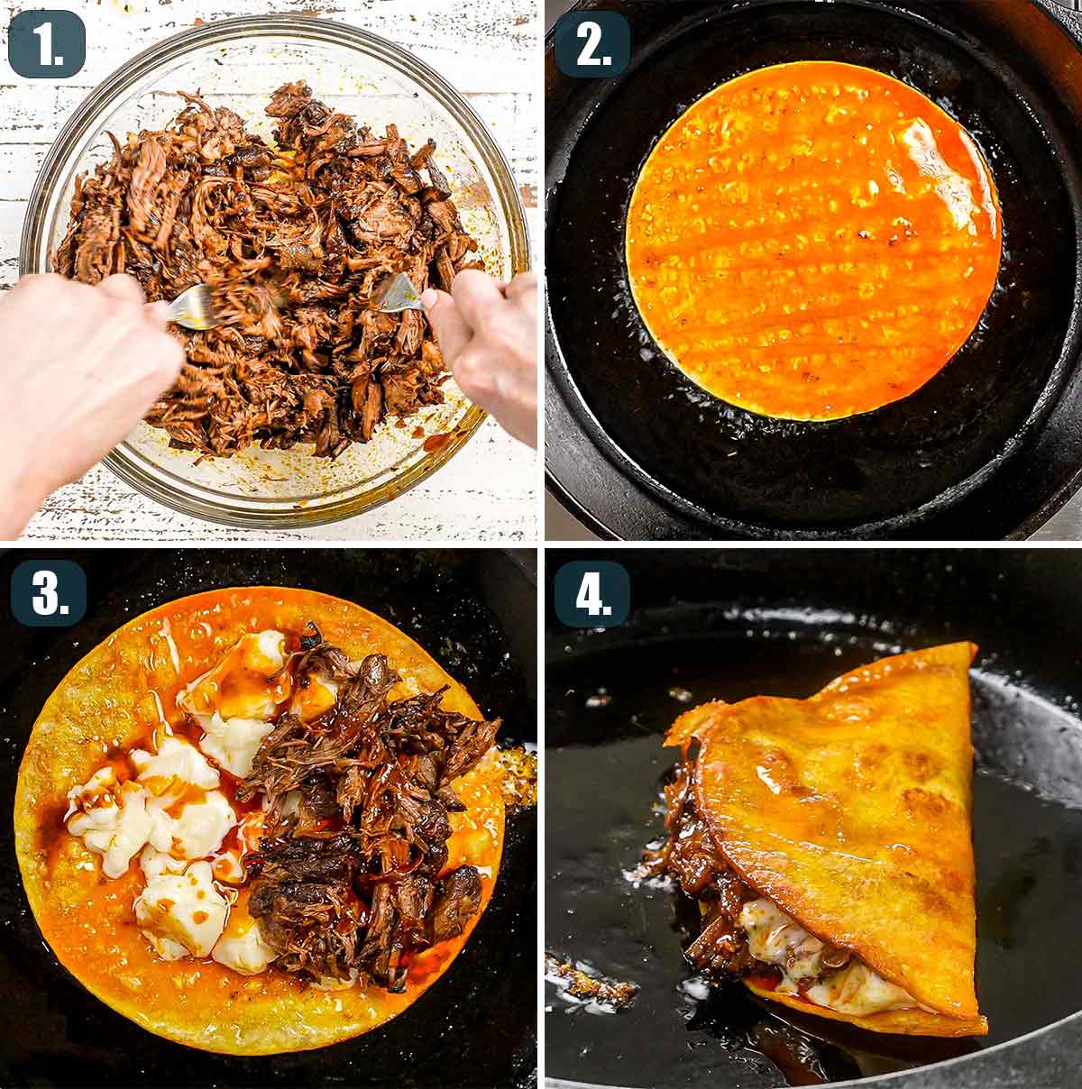 process shots showing how to assemble birria tacos.