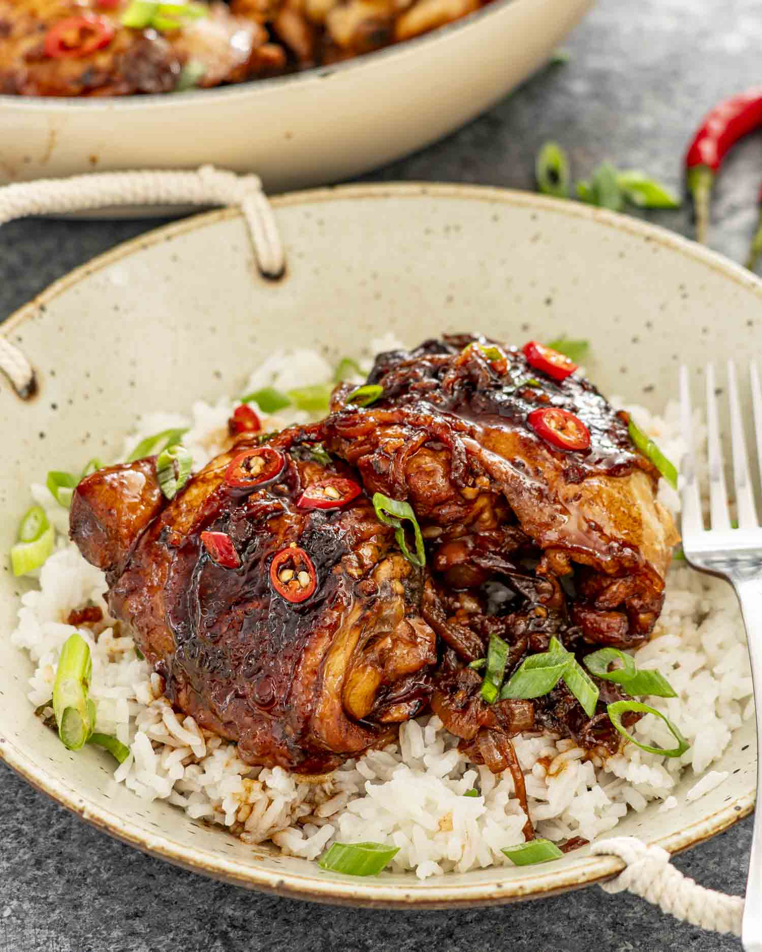 two chicken adobo thighs over a bed of rice garnished with green onions.
