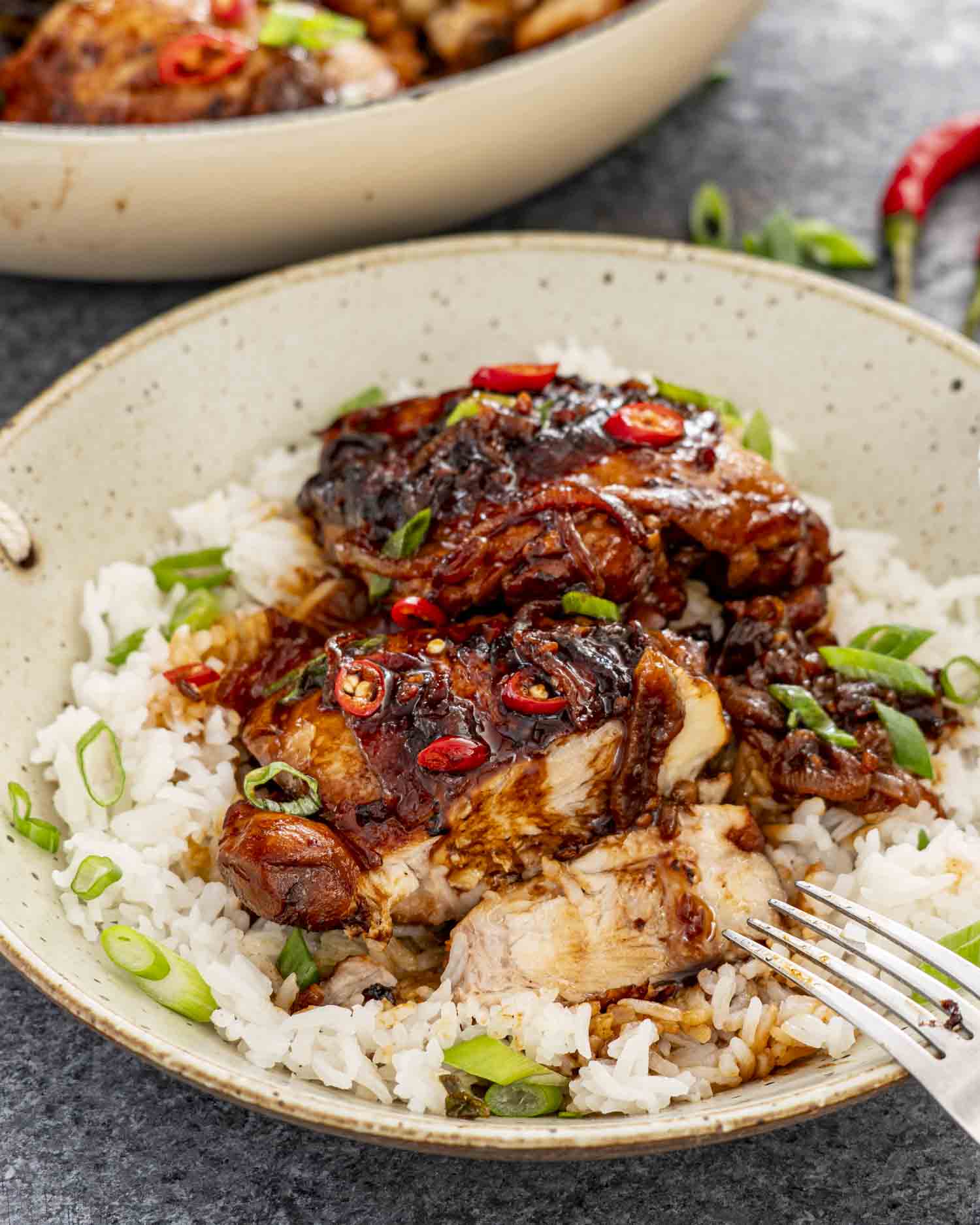 two chicken adobo thighs over a bed of rice garnished with green onions.