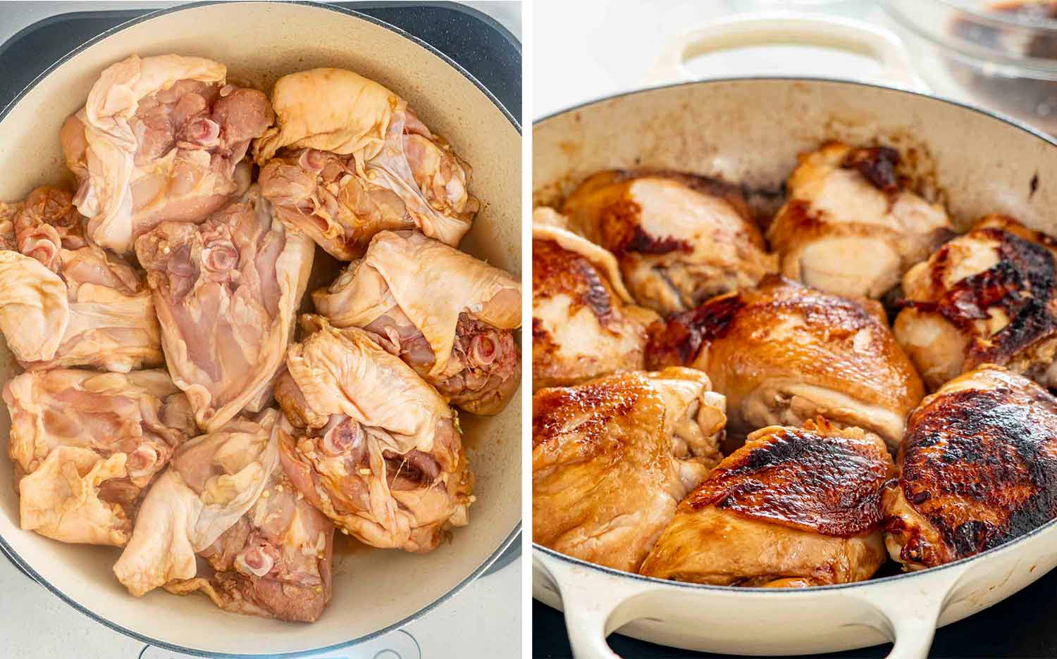 process shots showing how to make chicken adobo.