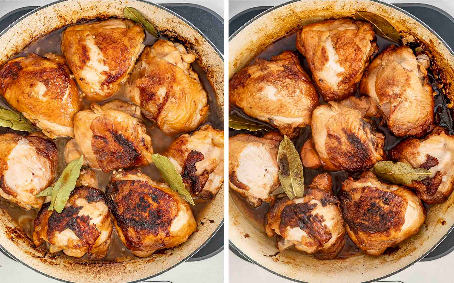 process shots showing how to make chicken adobo.