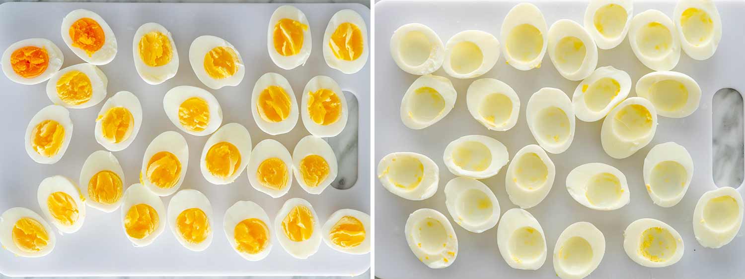 process shots showing how to make deviled eggs.