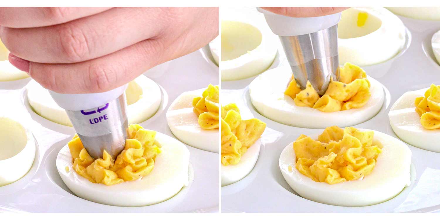 process shots showing how to make deviled eggs.