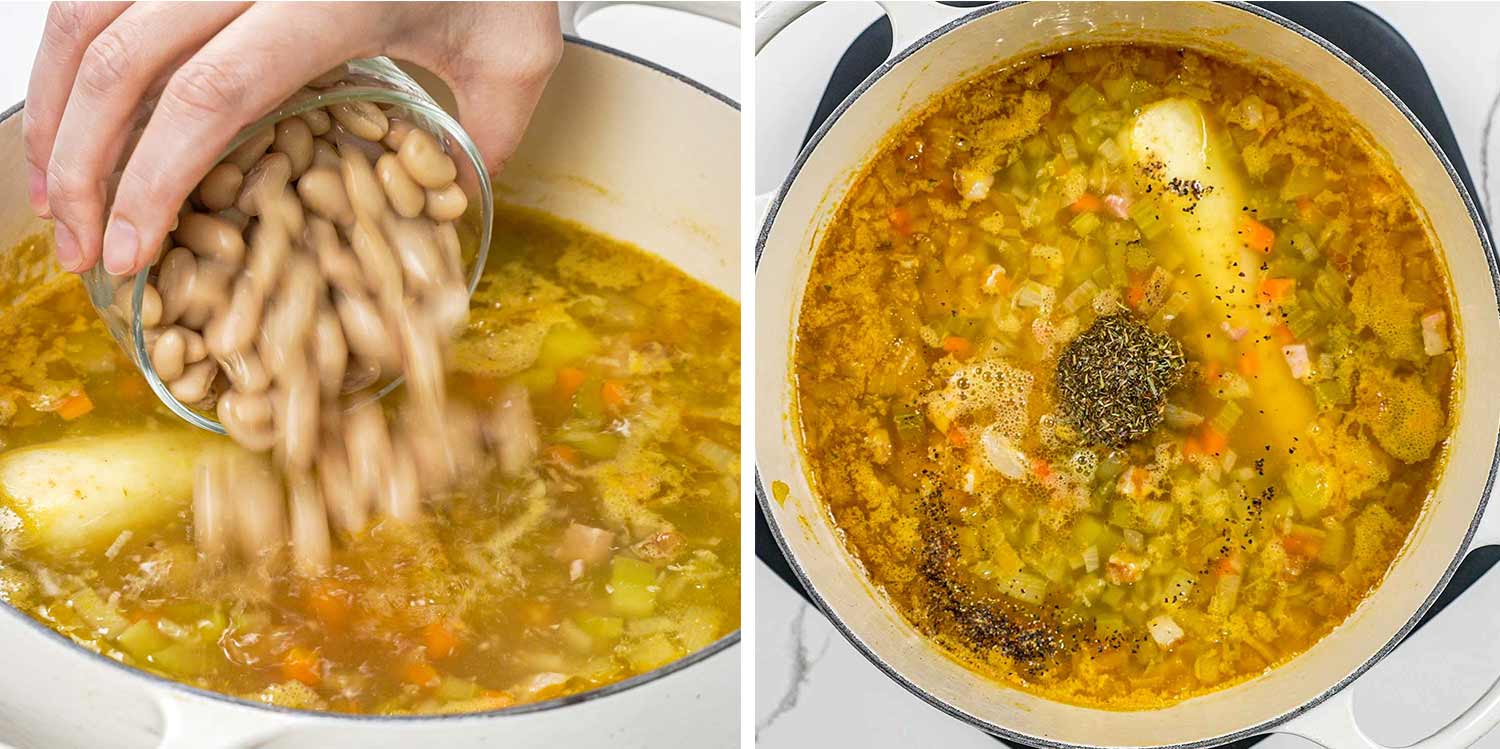 process shots showing how to make leftover ham and bean soup.