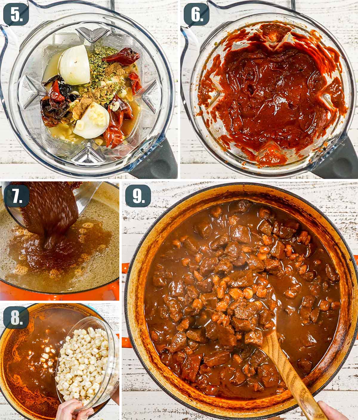 process shots showing how to make pozole rojo.