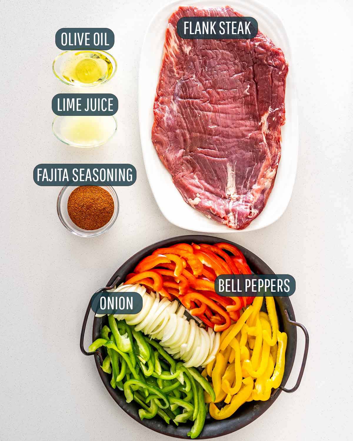 overhead shot of ingredients needed to make steak fajitas.