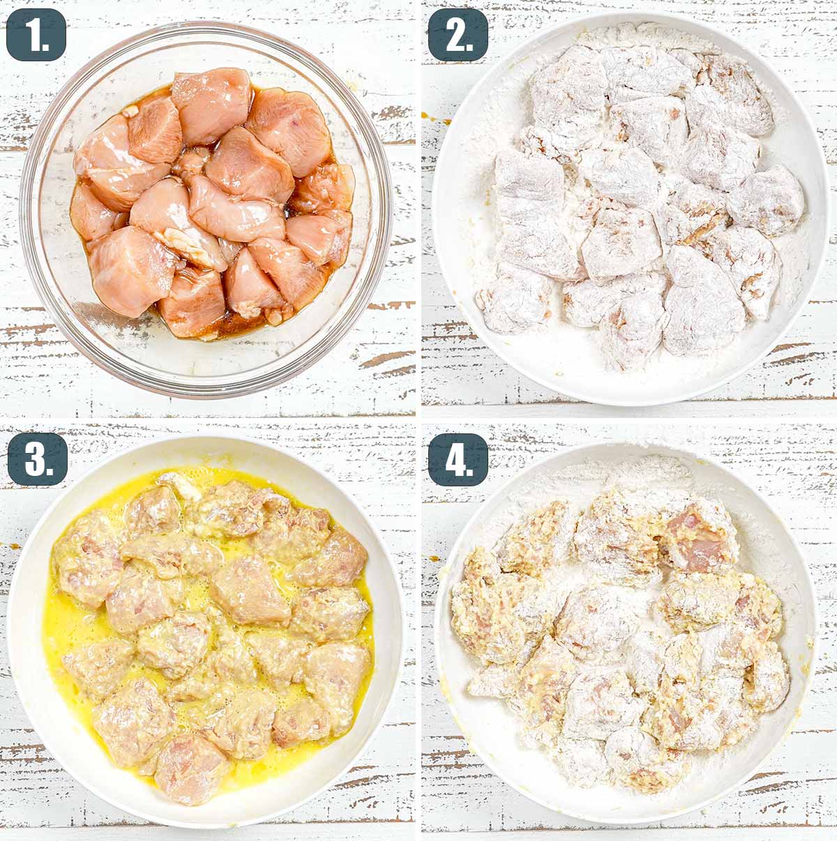 process shots showing how to bread chicken for air fryer lemon chicken.