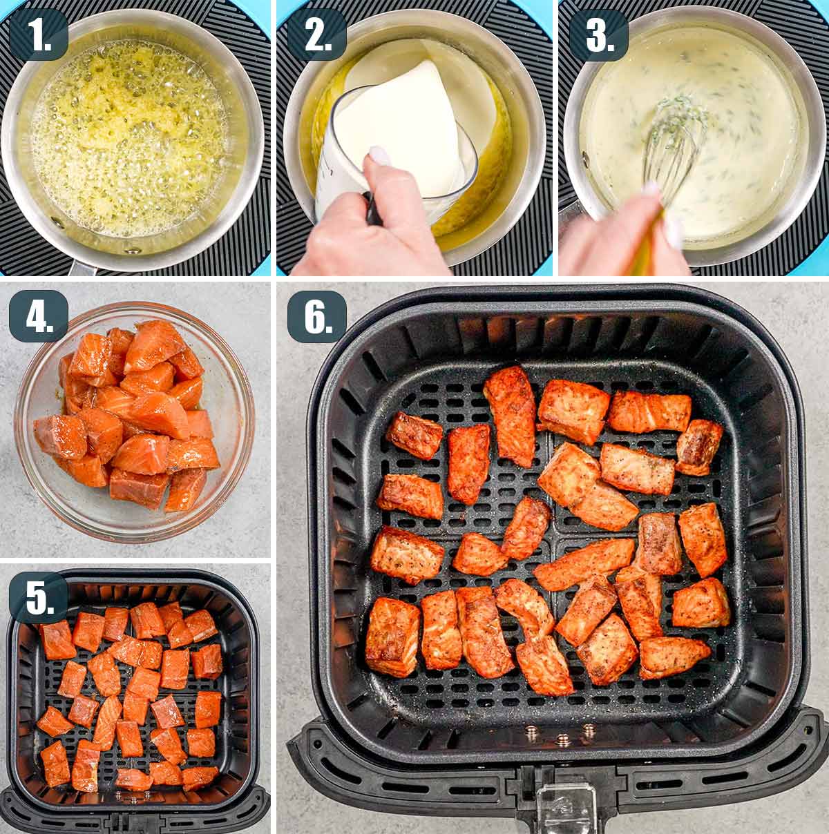 detailed process shots showing how to make salmon bites in the air fryer.