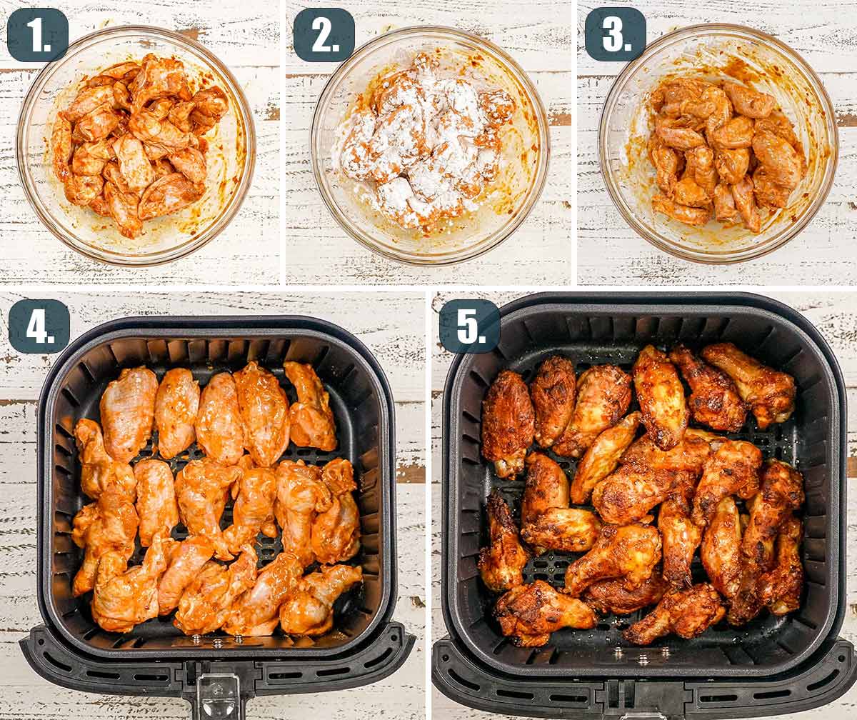 process shots showing how to make air fryer thai chicken wings.