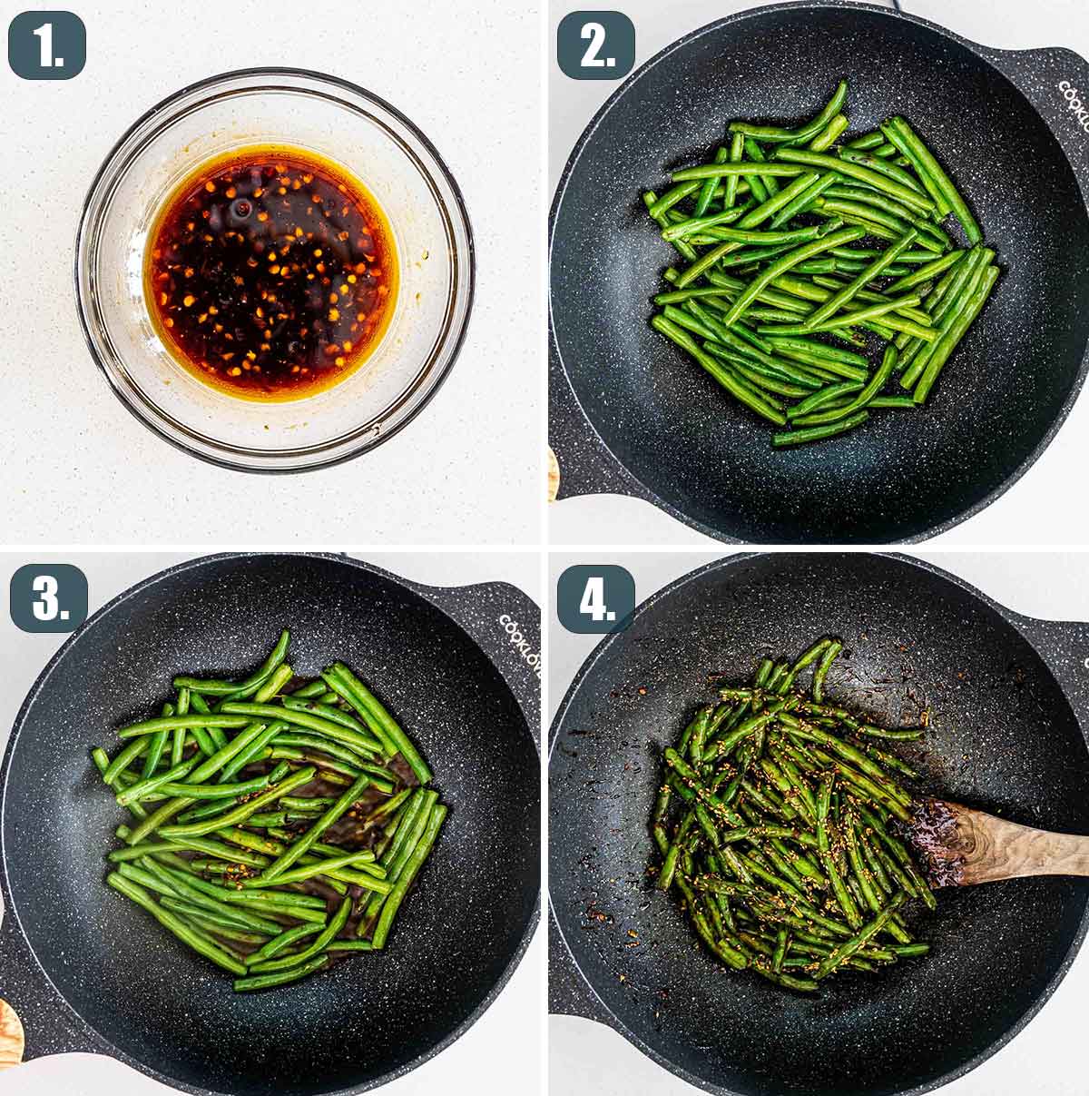 process shots showing how to make asian green beans.