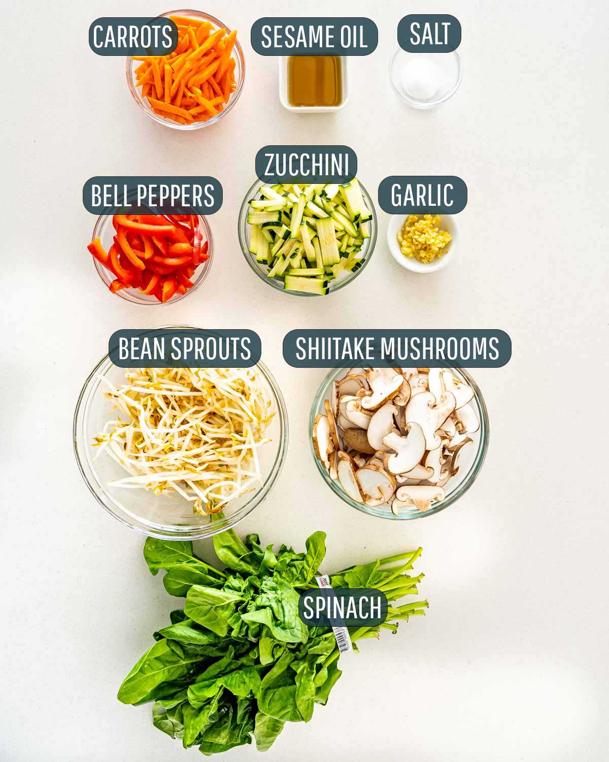 ingredients needed to cook vegetables for bibimbap.