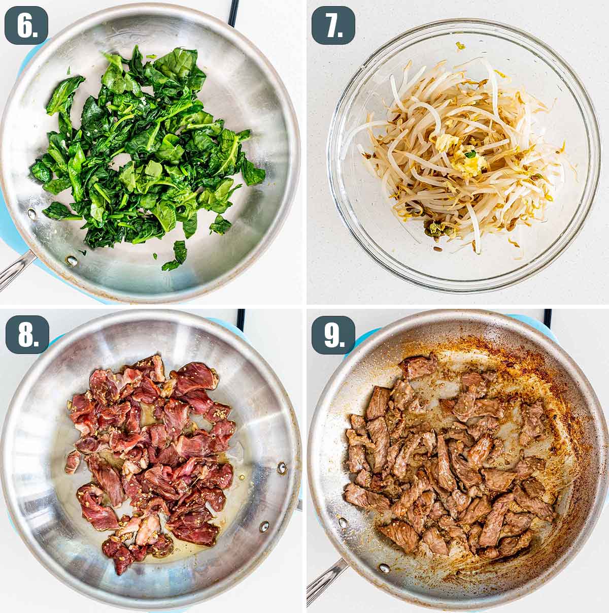 process shots showing how to cook beef for bibimbap.