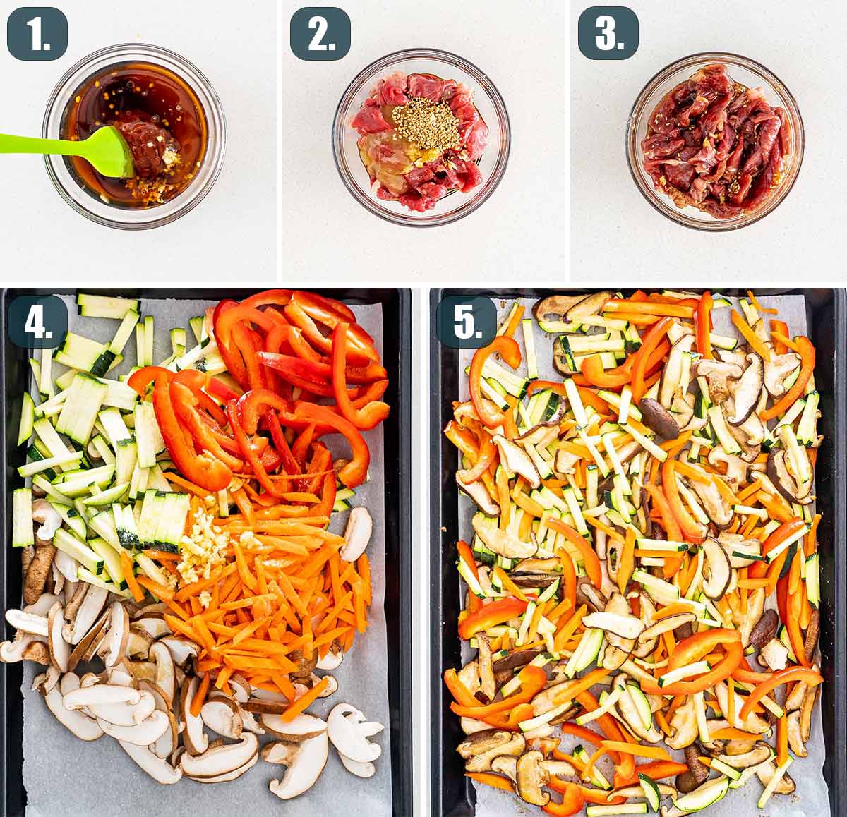 process shots showing how to cook vegetables and marinate beef for bibimbap.