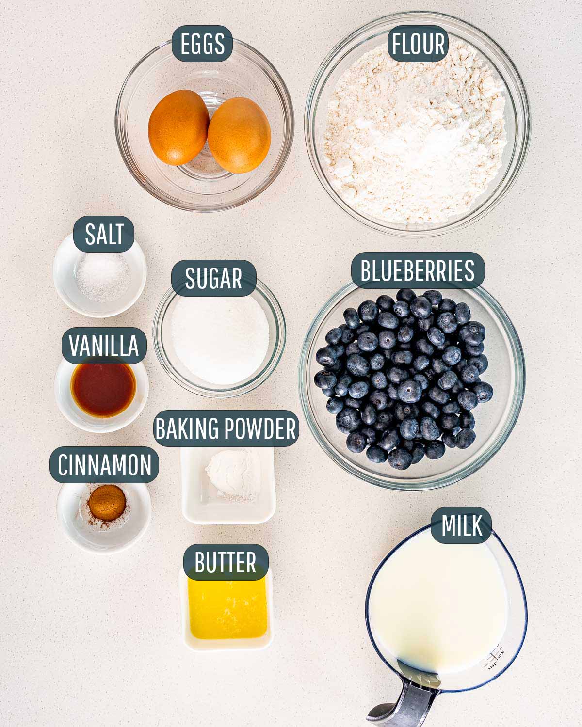 overhead shot of ingredients needed to make blueberry fritters.