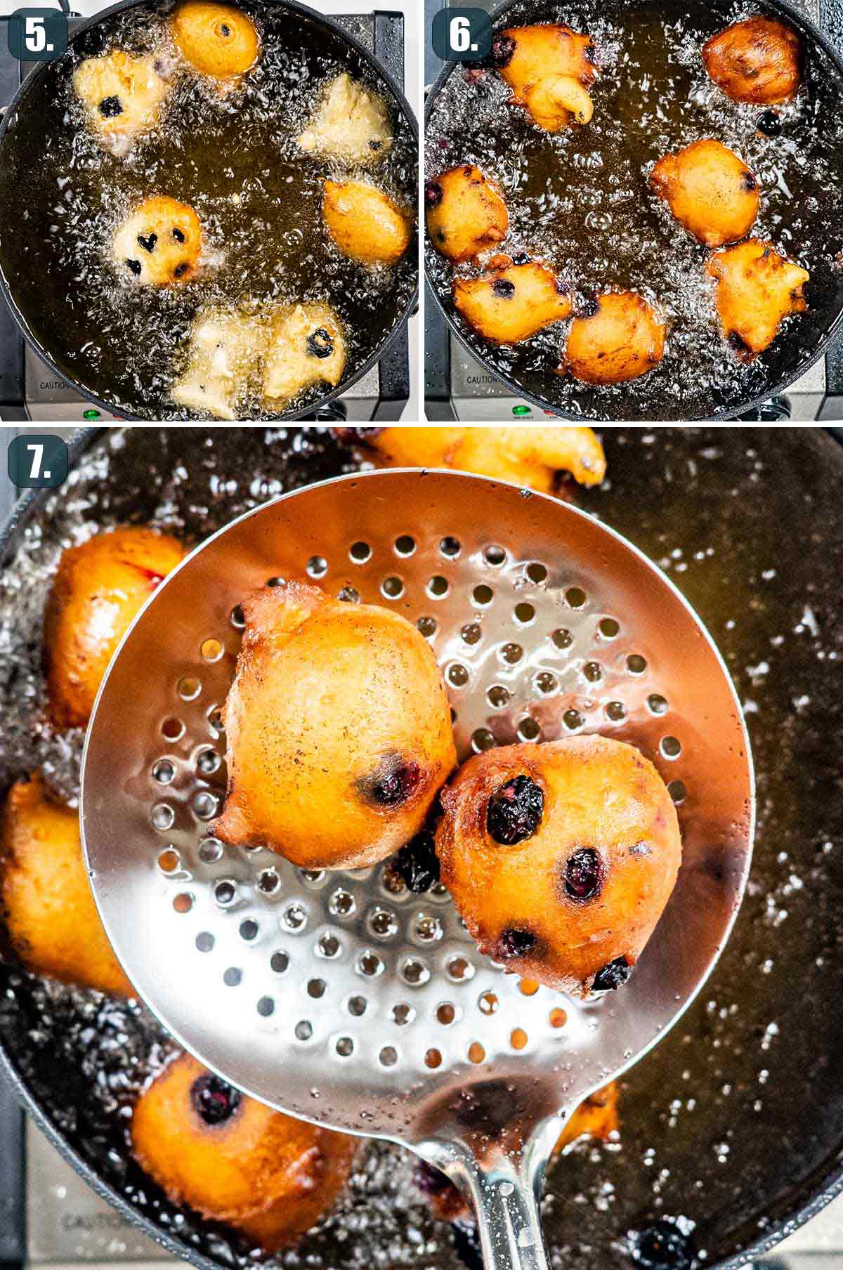 process shots showing how to fry blueberry fritters.