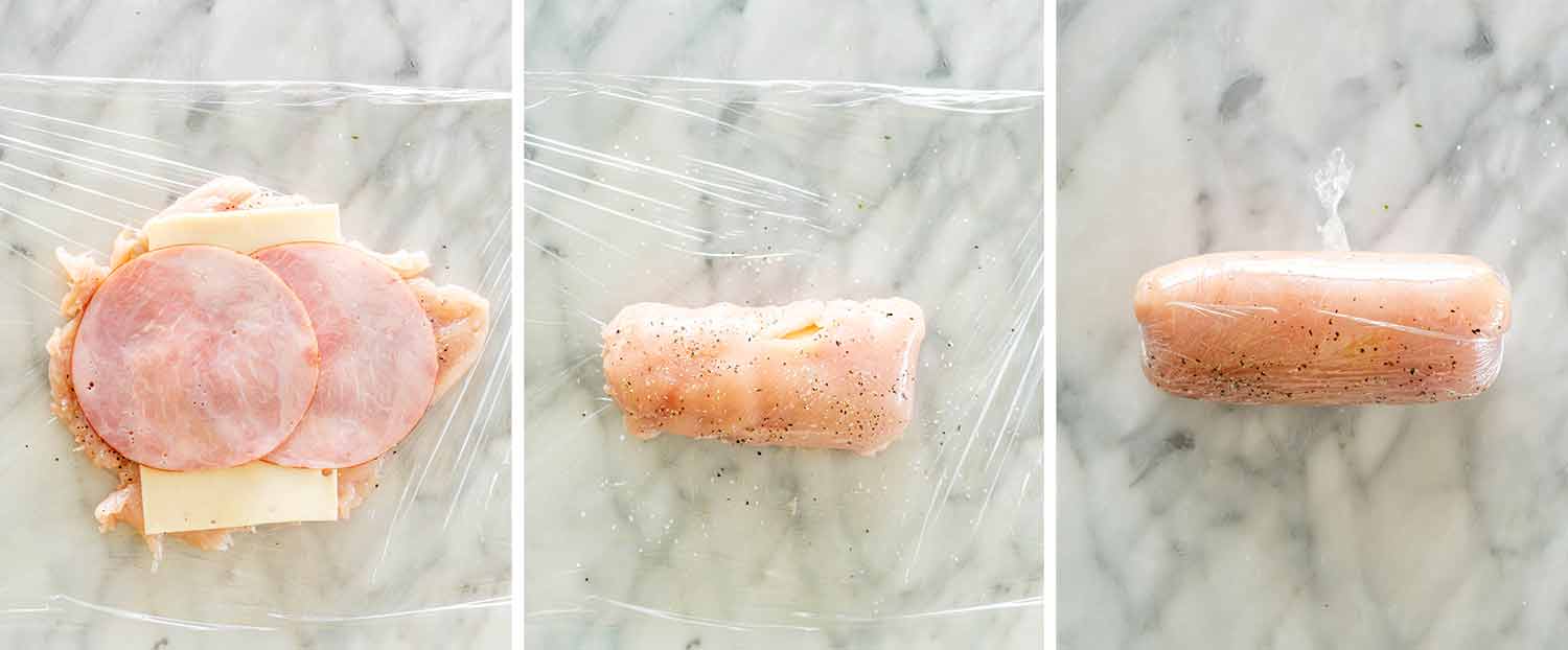 process shots showing how to make chicken cordon bleu.