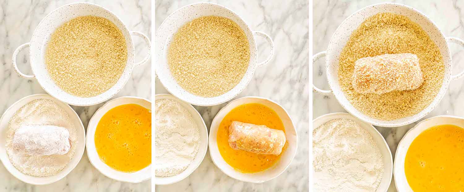 process shots showing how to make chicken cordon bleu.