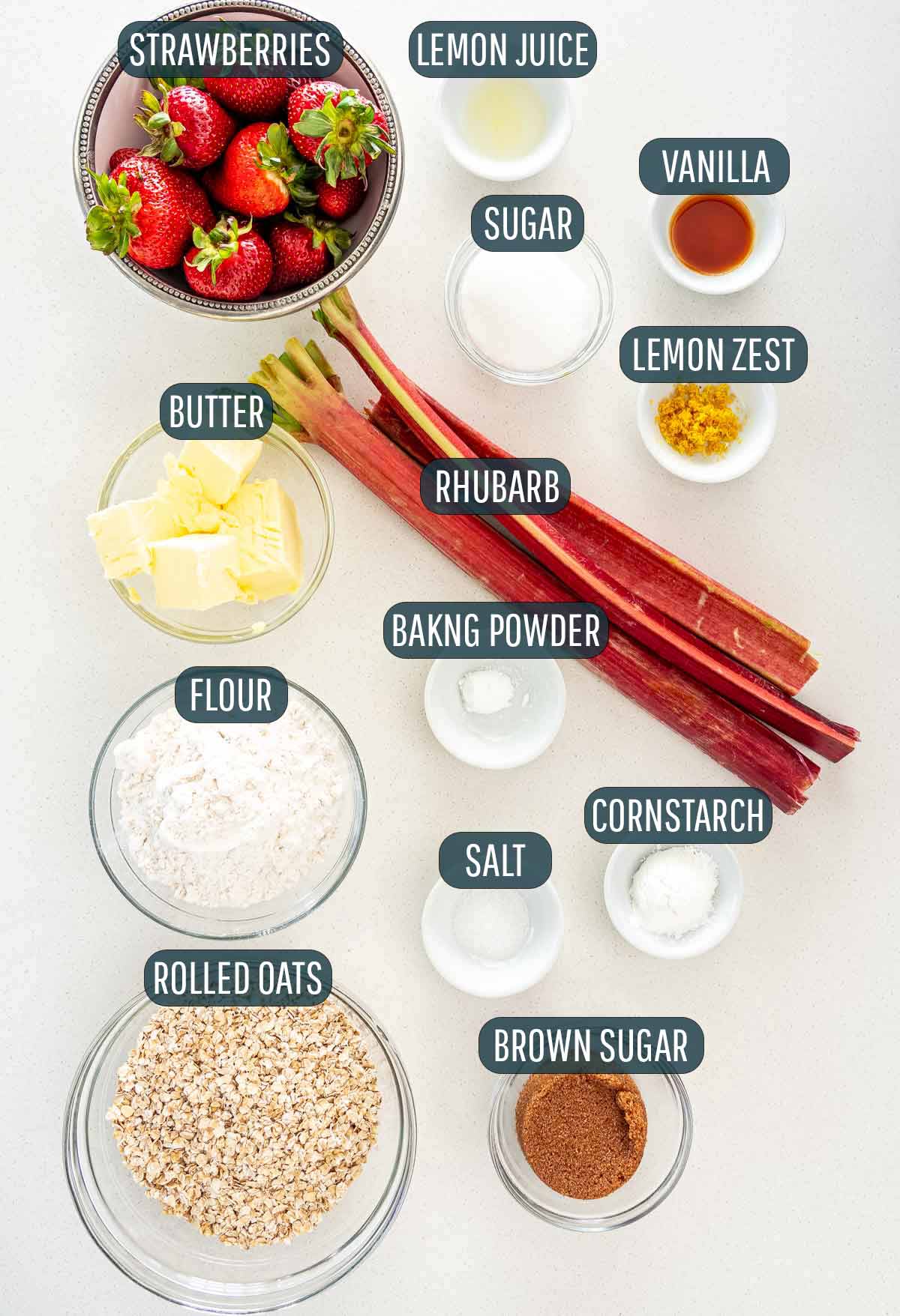 ingredients needed to make strawberry rhubarb bars.