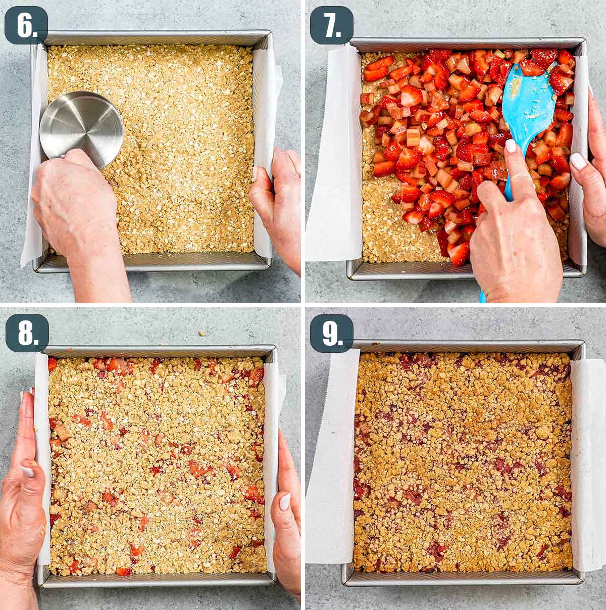 process shots showing how to assemble strawberry rhubarb bars.