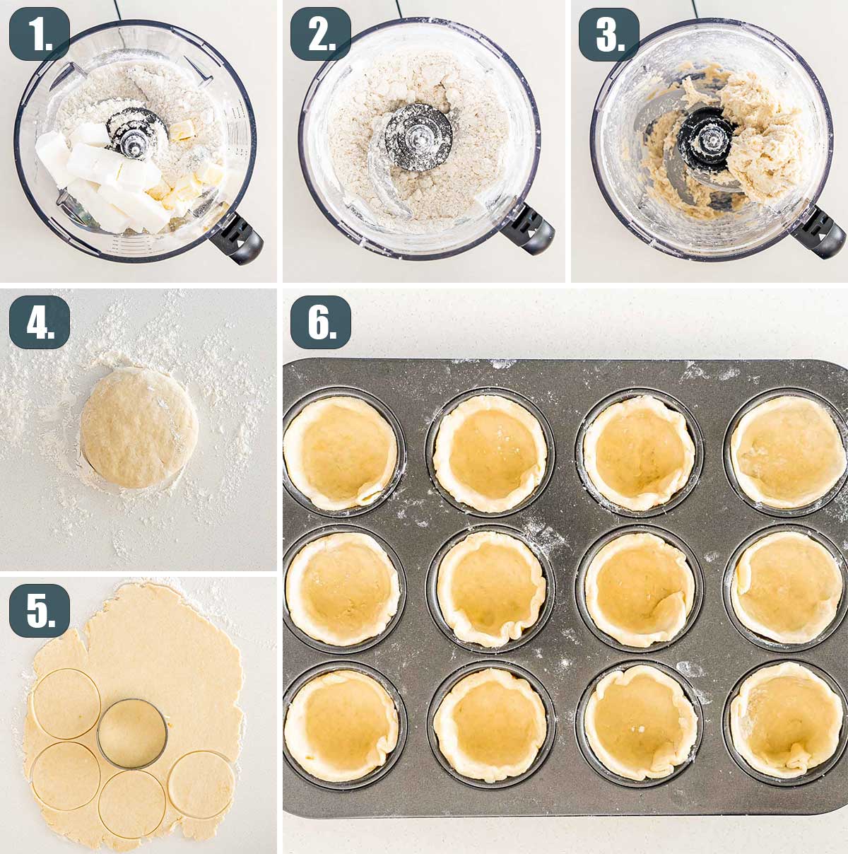 process shots showing how to make the crust for butter tarts.