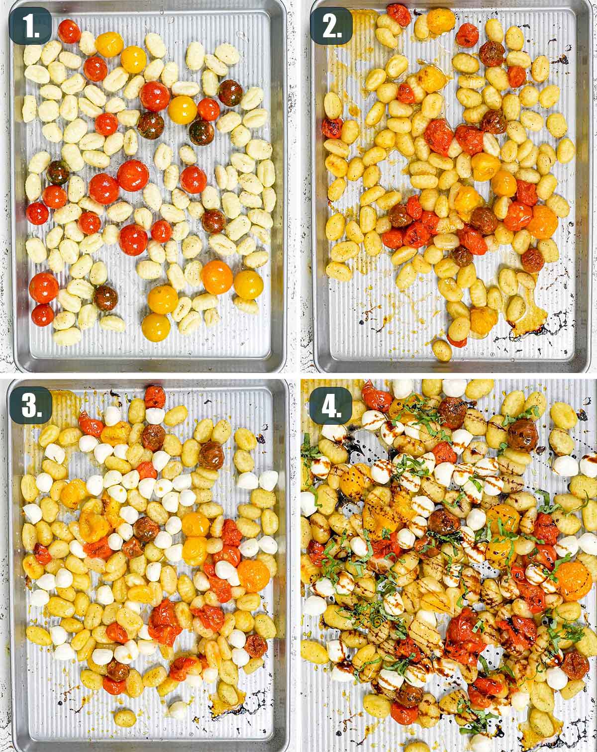process shots showing how to make caprese gnocchi sheet pan.