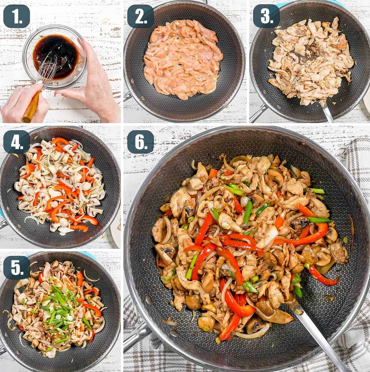 detailed process shots showing how to make chicken mushroom stir fry.
