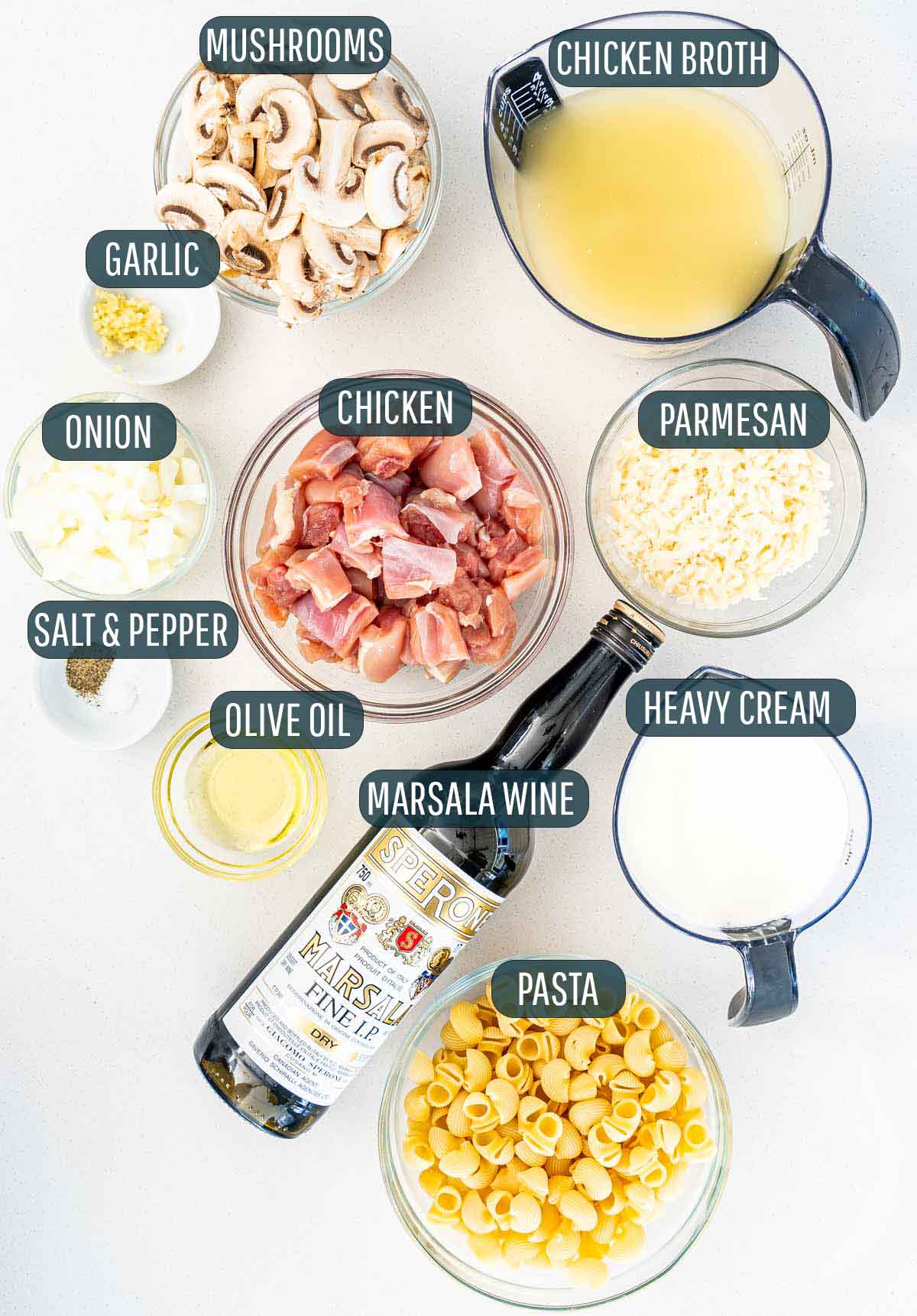ingredients needed to make creamy chicken marsala pasta.