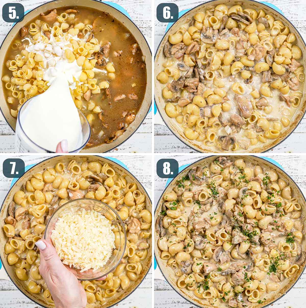 process shots showing how to make creamy chicken marsala pasta.