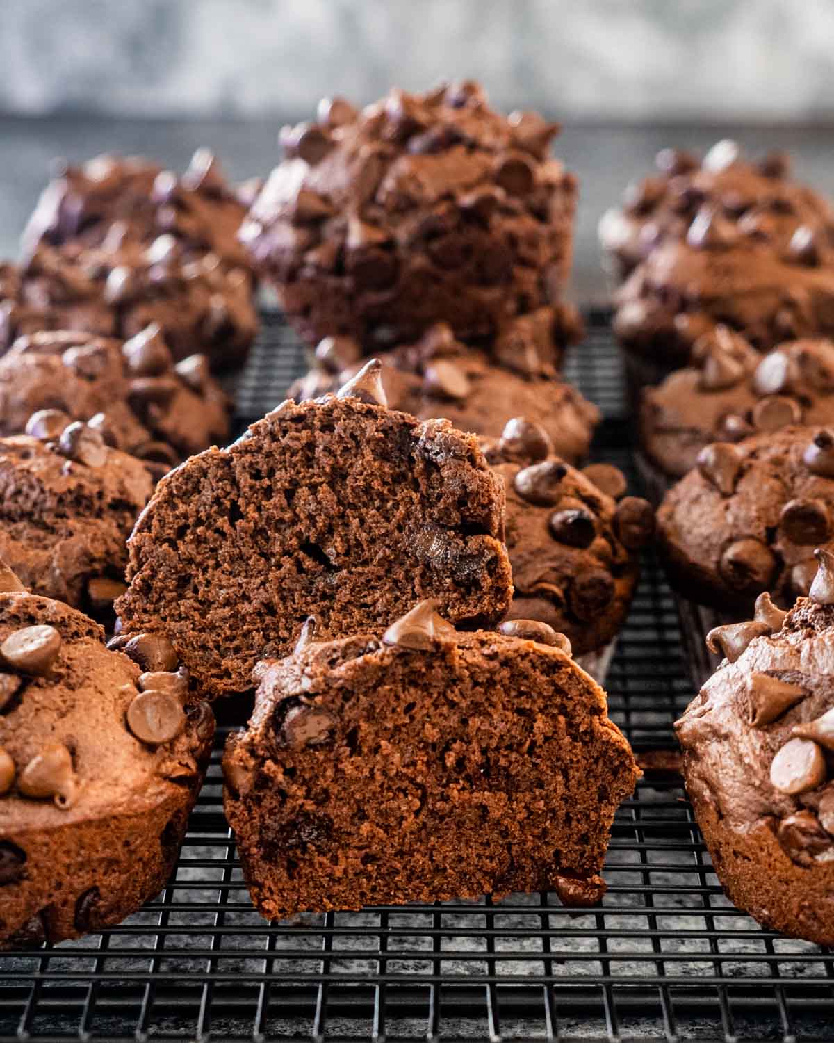 double chocolate chip muffins on a black cooling rack.