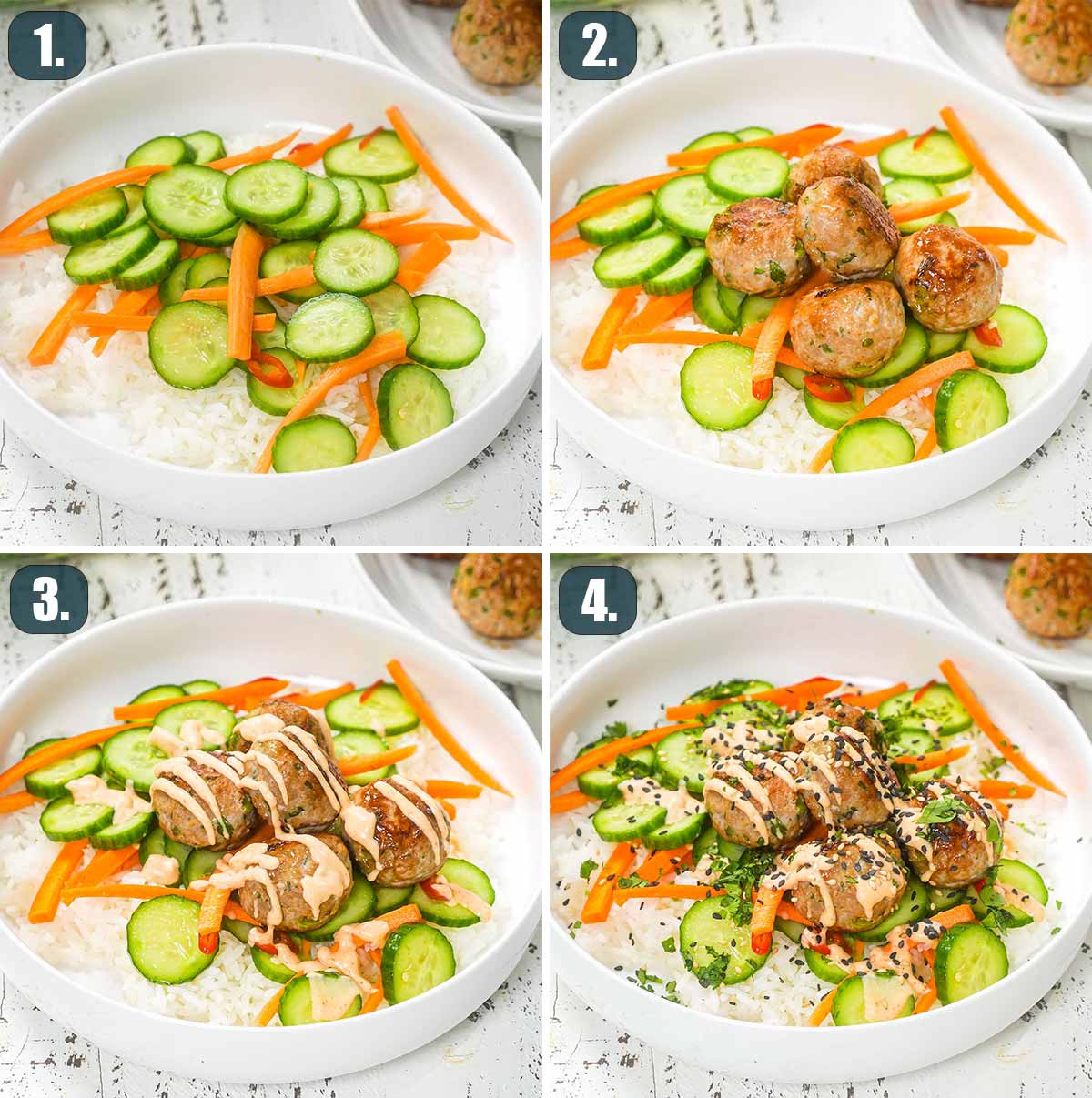 collage of pictures showing how to assemble meatball banh mi rice bowls.