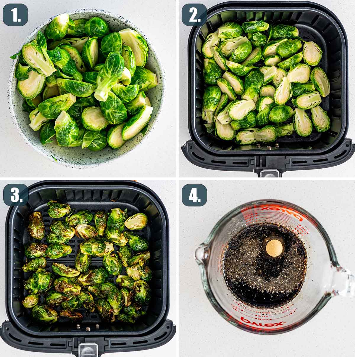 process shots showing how to roast brussels sprouts in the air fryer.