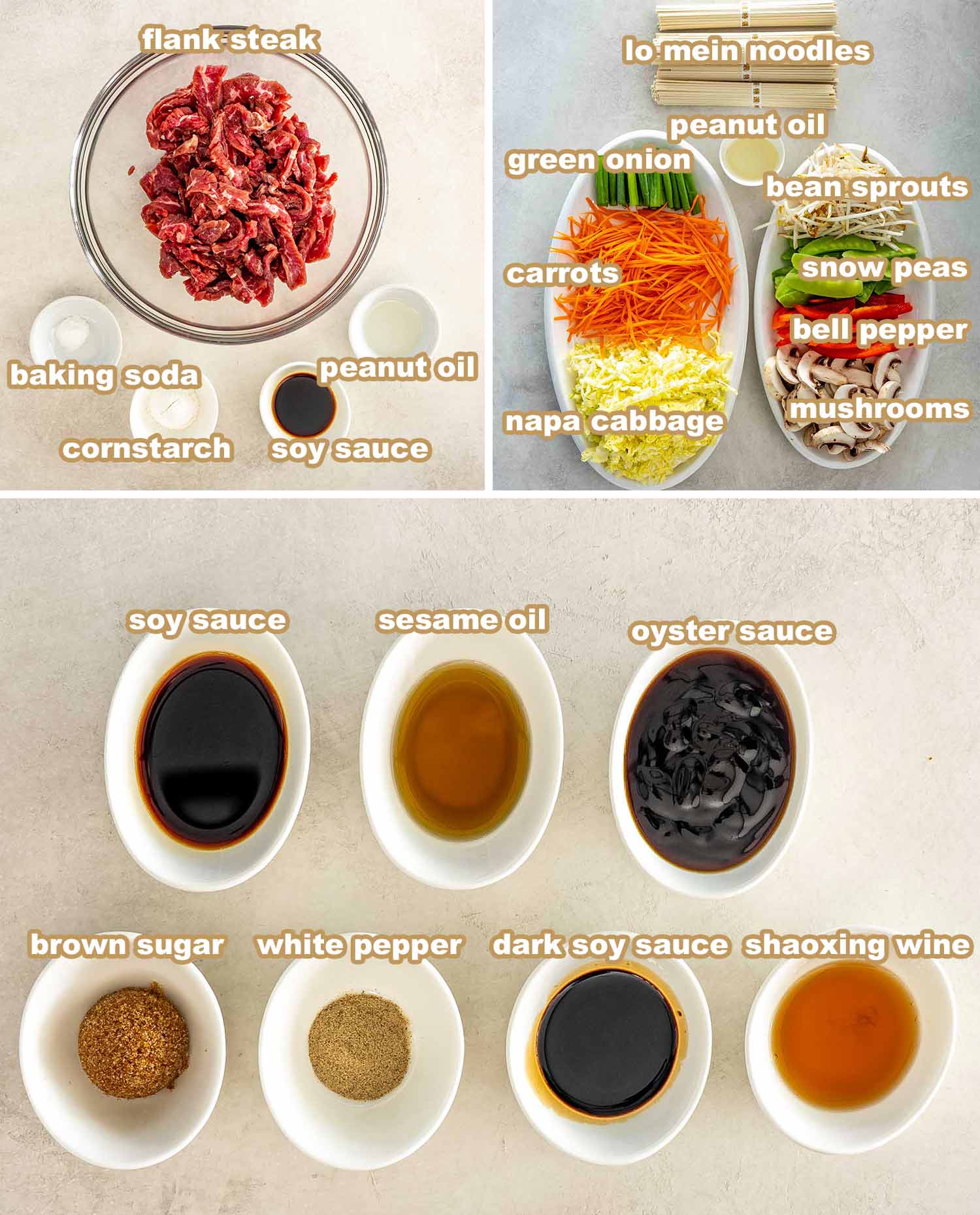 A top down view of ingredients for beef lo mein organized into three sections. The first section shows sliced flank steak in a glass bowl with small dishes of baking soda, cornstarch, peanut oil, and soy sauce. The second section features bundles of lo mein noodles next to plates of shredded napa cabbage, julienned carrots, sliced mushrooms, snow peas, red bell pepper, bean sprouts, and chopped green onions. The third section displays small white bowls containing soy sauce, sesame oil, oyster sauce, brown sugar, white pepper, dark soy sauce, and shaoxing wine.