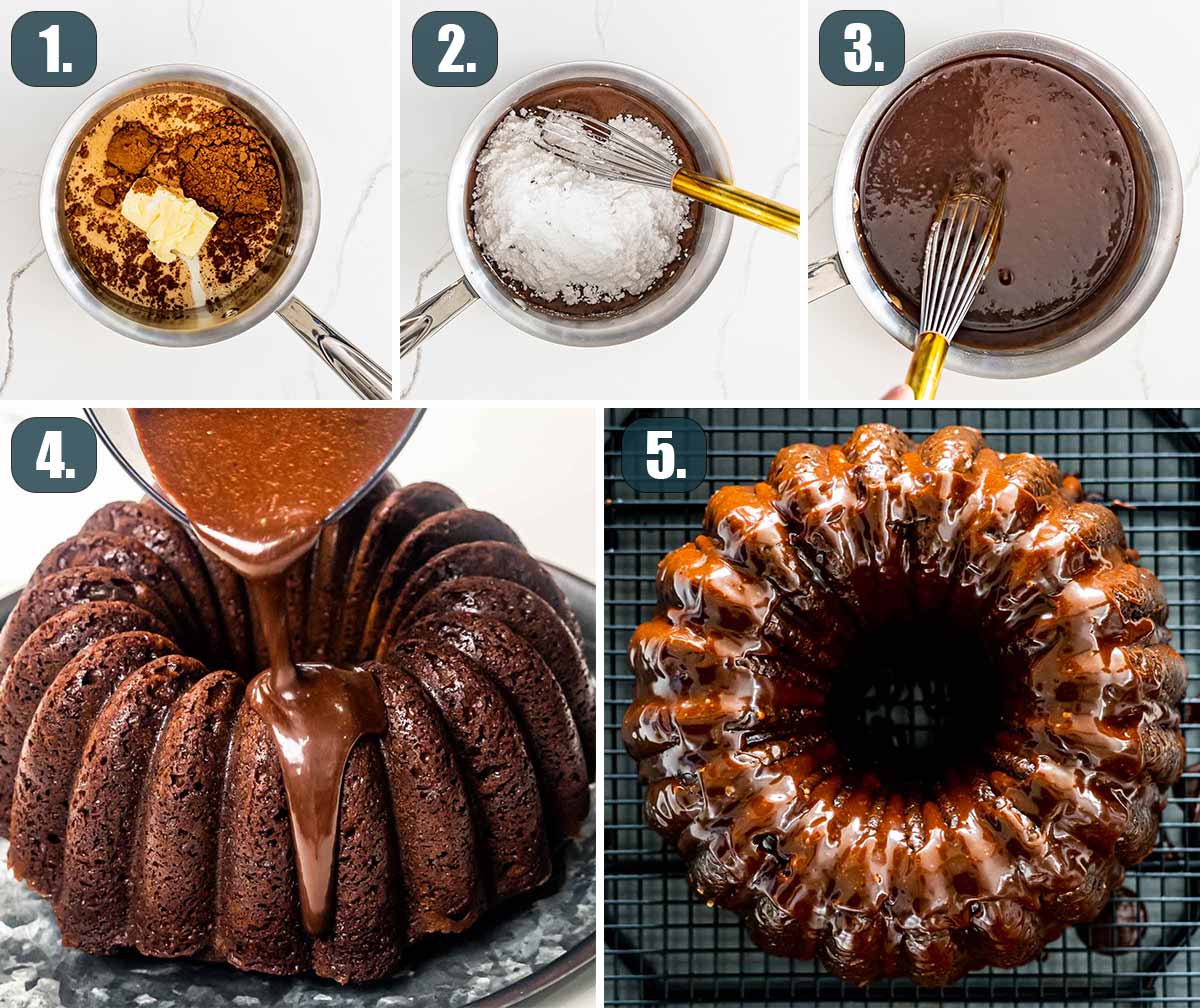 process shots showing how to make chocolate ganache and pour on chocolate bundt cake.