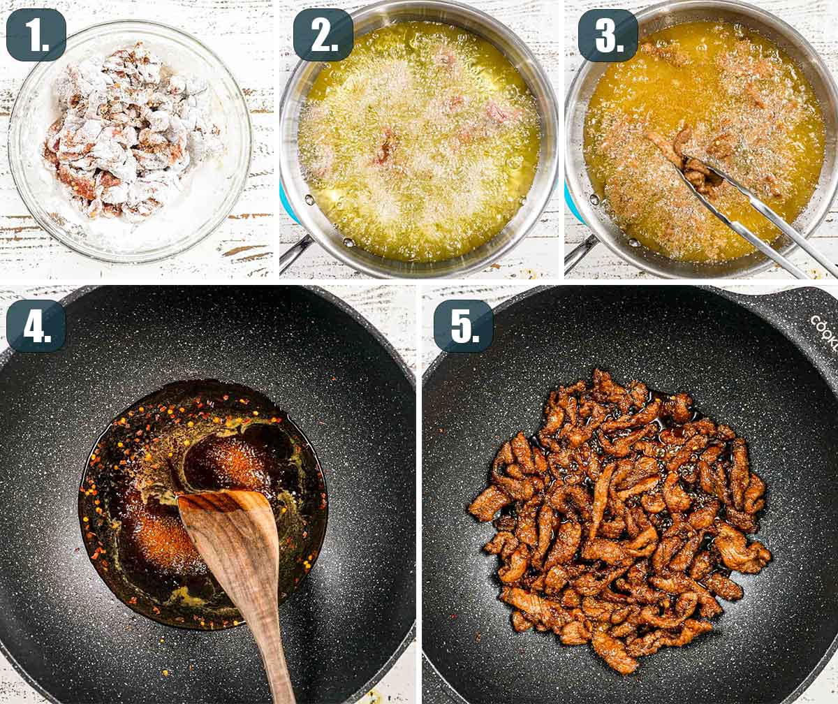 detailed process shots showing how to make crispy sticky beef.