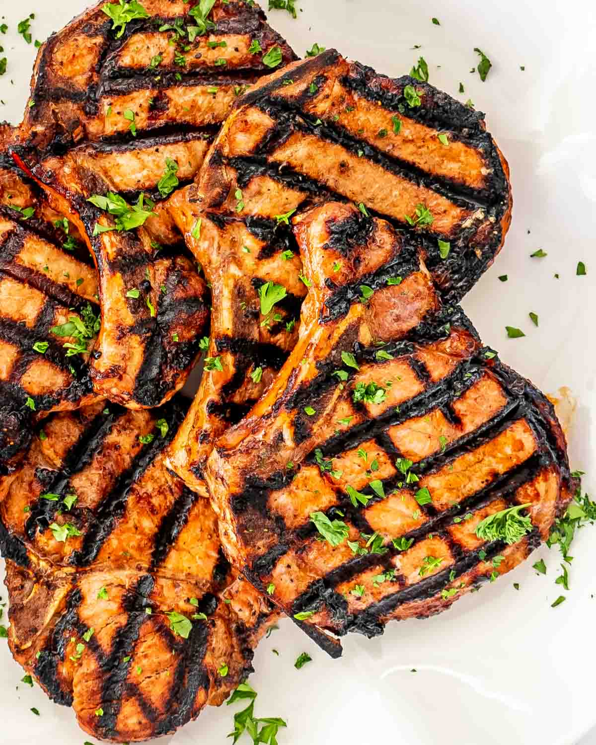 grilled pork chops garnished with parsley on a white serving platter.