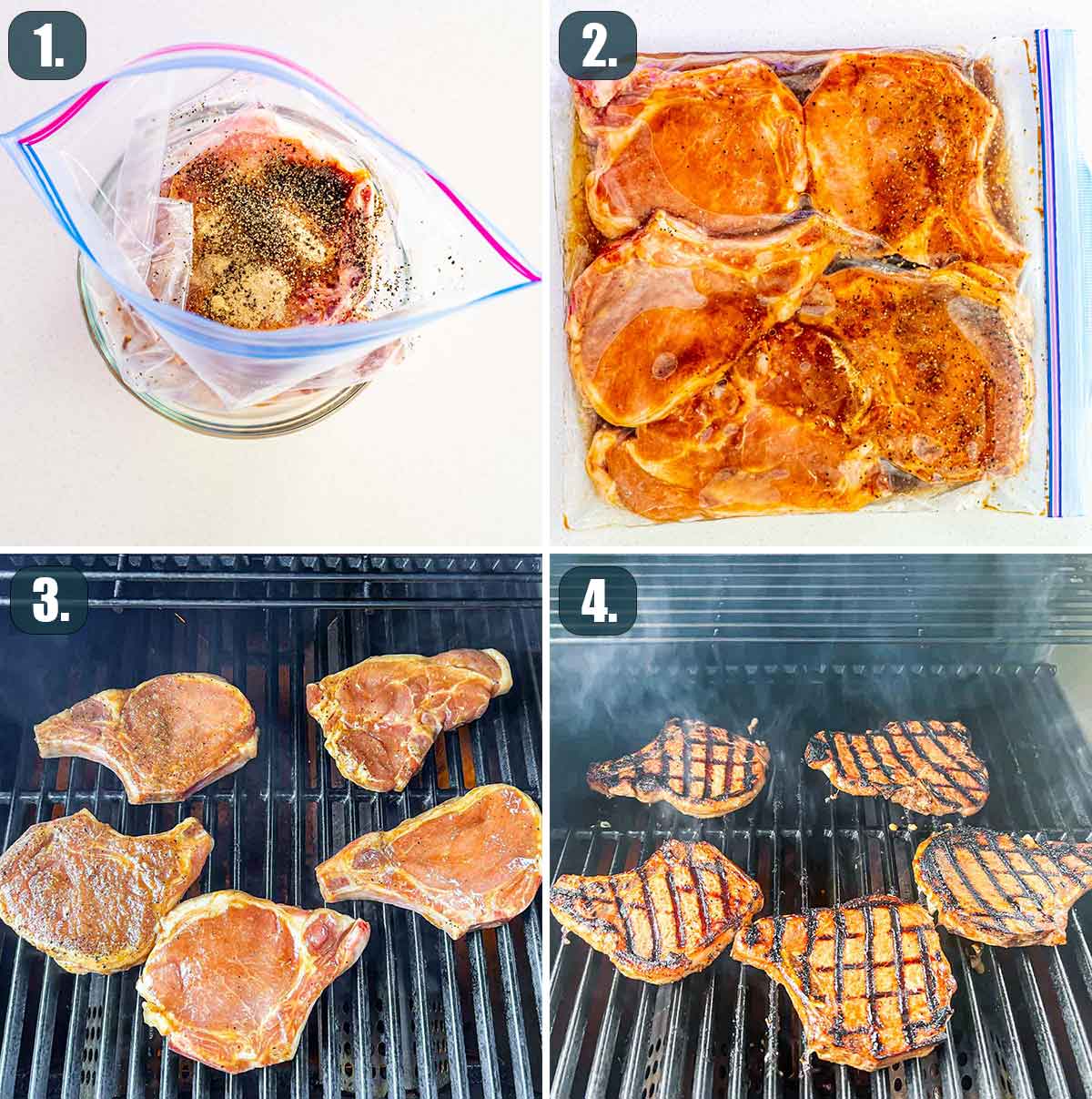 process shots showing how to marinate and grill pork chops.