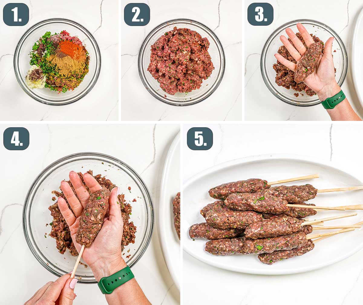 process shots showing how to prepare meat mixture for koftas and how to shape them.