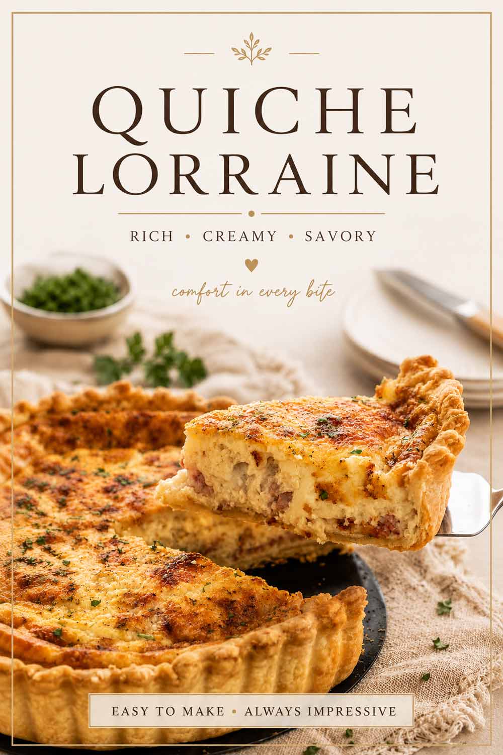 Elegant Quiche Lorraine recipe pin featuring a golden quiche slice, rustic linen background, and warm neutral styled typography.
