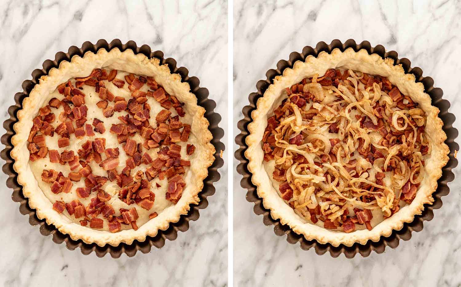 process shots showing how to make quiche lorraine.