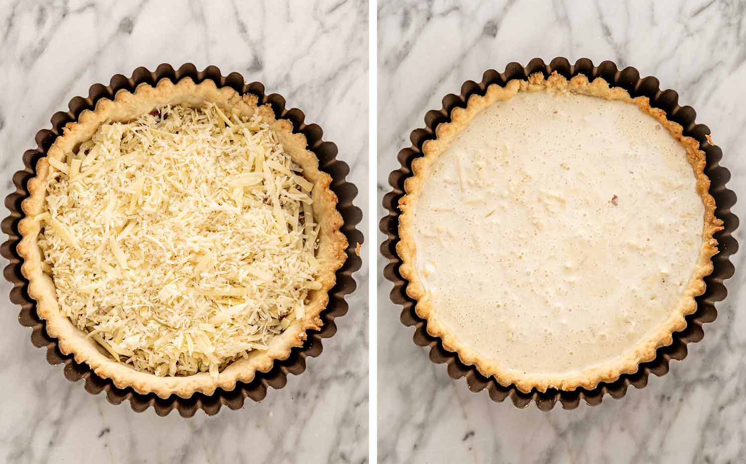 process shots showing how to make quiche lorraine.