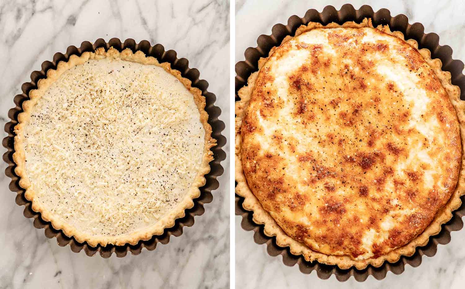 process shots showing how to make quiche lorraine.