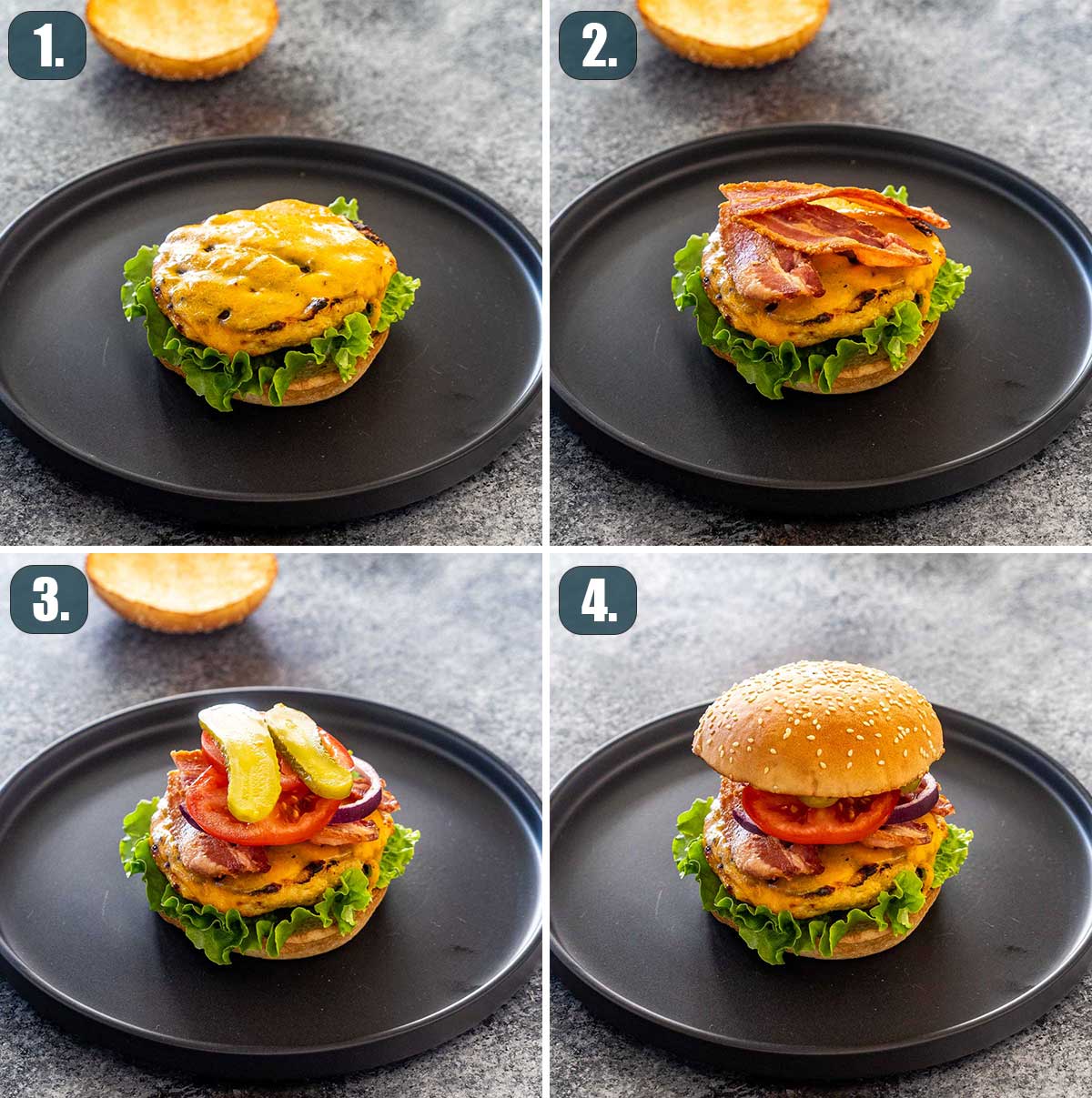 process shots showing how to assemble chicken ranch burgers.