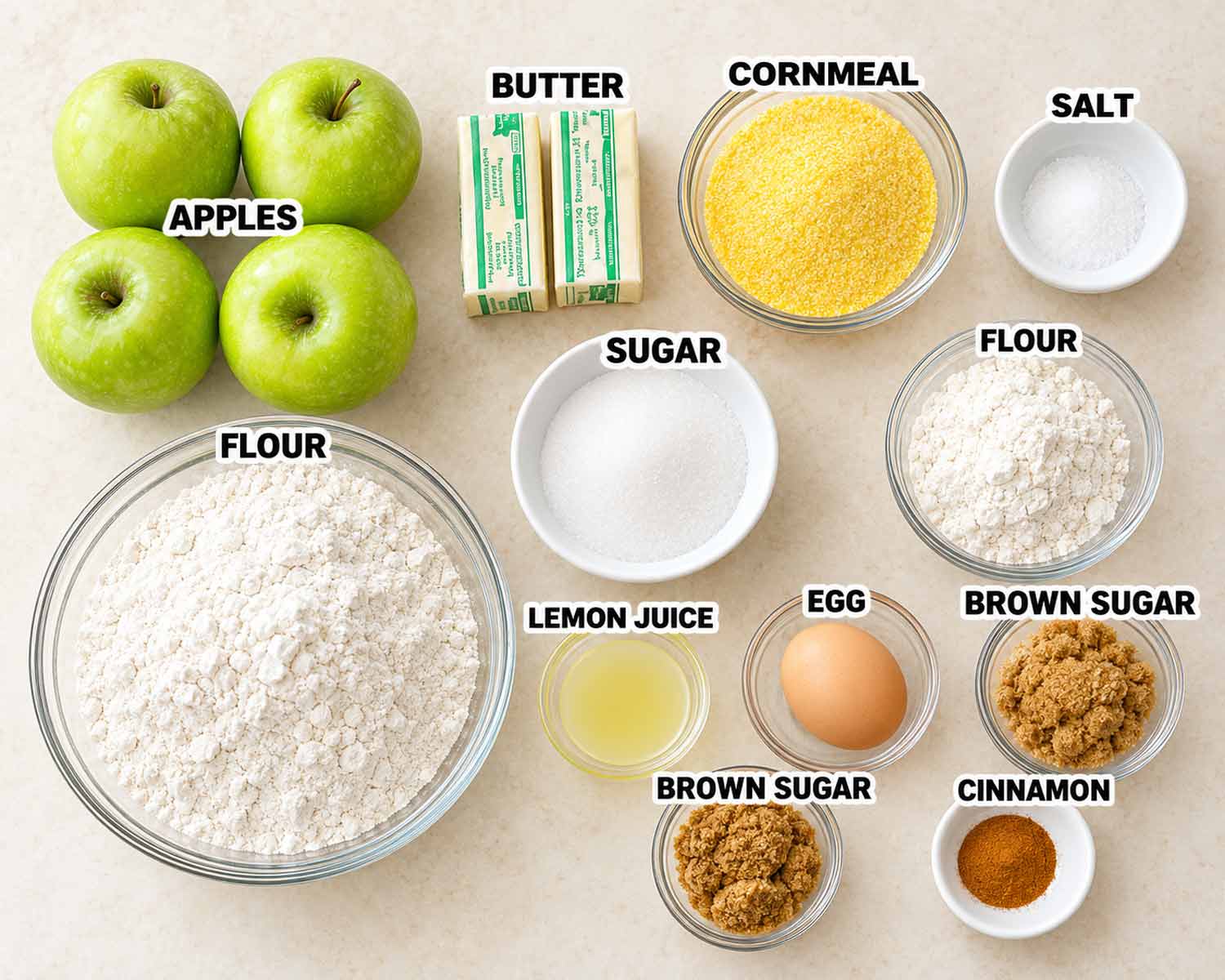 Apple galette ingredients arranged on a light background, including apples, flour, butter, sugar, cinnamon, and clearly labeled bowls.