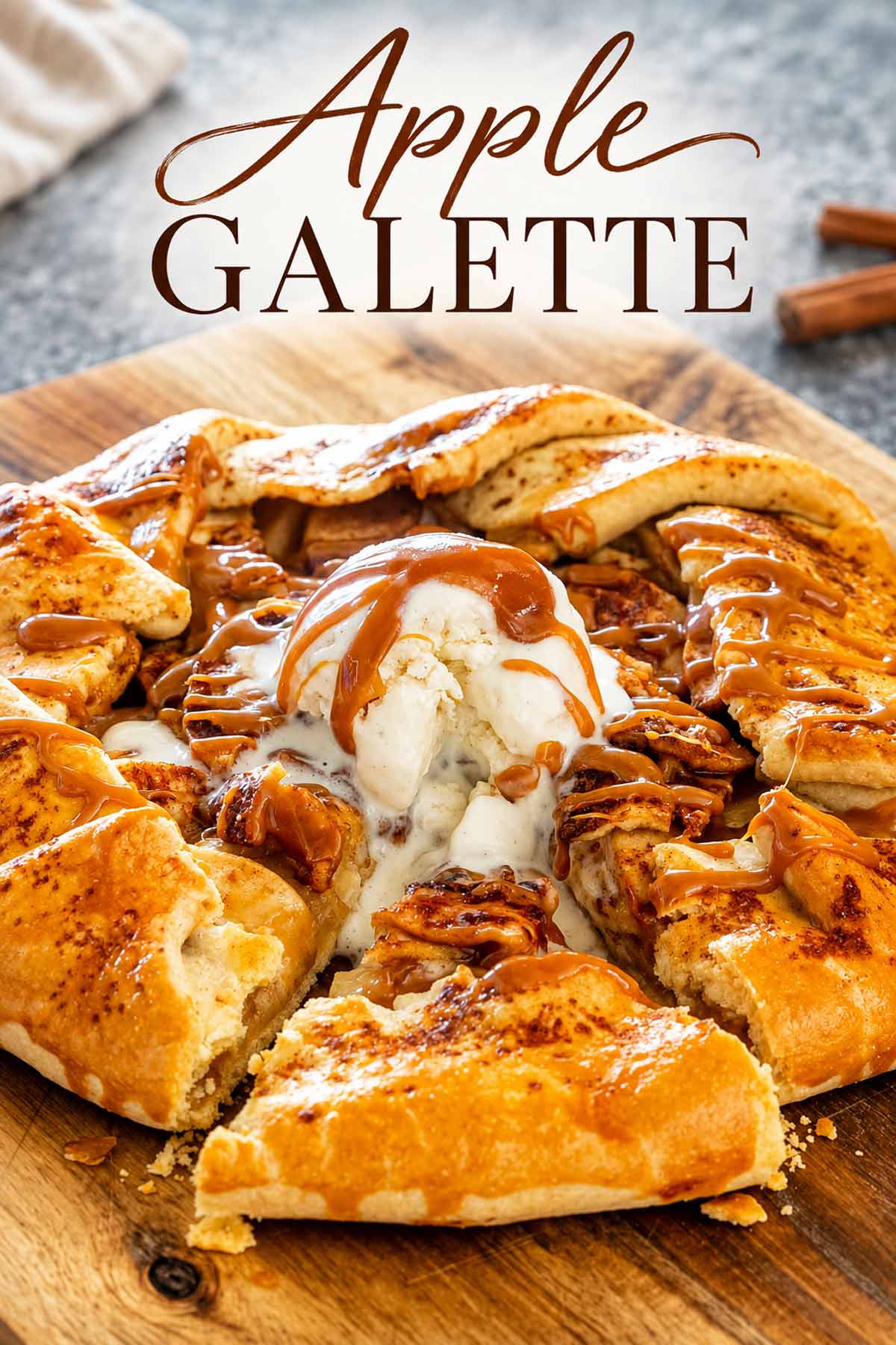 Apple galette with golden crust, vanilla ice cream, and caramel drizzle, with “Apple Galette” written across the top.